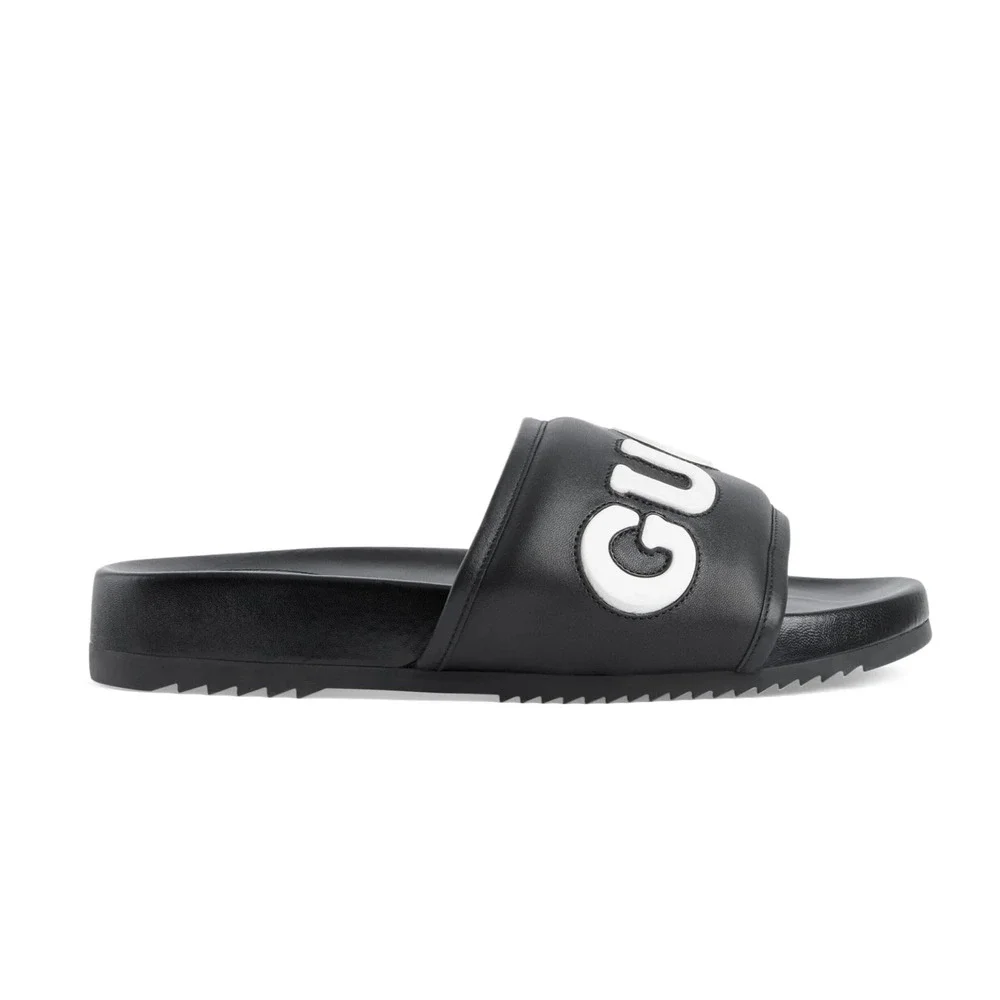 Authentic GUCCI Jumbo Logo Leather Slide Sandals Black Men's Size 8 | US 8.5 NWT